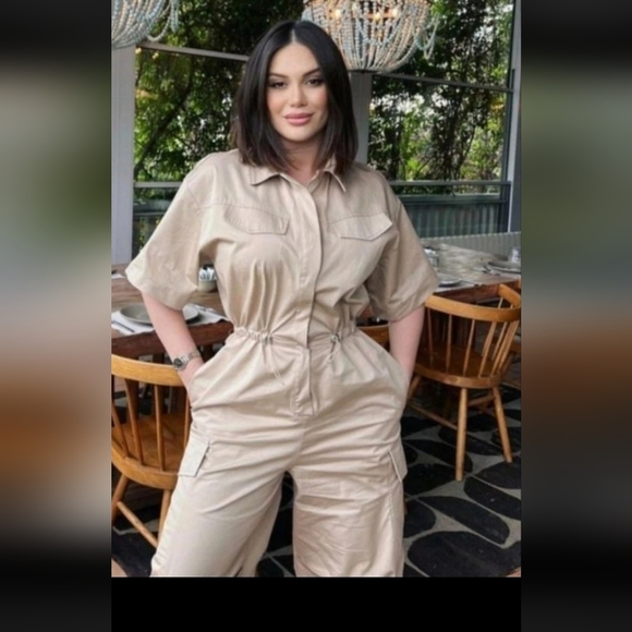 Zara Oversized Gabardine Windbreaker Military Utility Cargo Jumpsuit SZ M - Picture 2 of 13